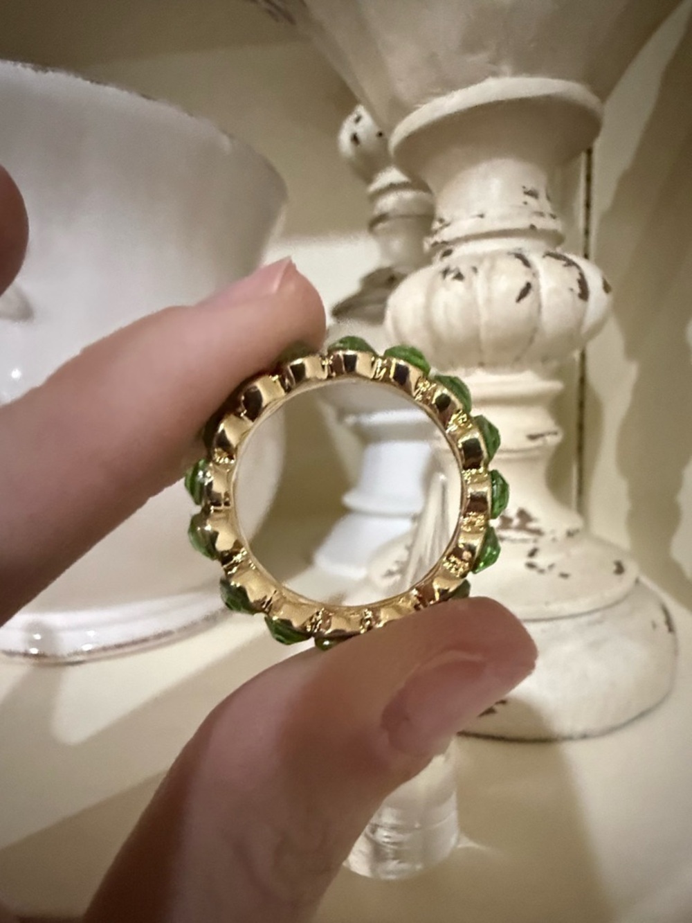 Large Gold Tone and Lime Green Faux Stone Ring Band - Picture 6 of 9